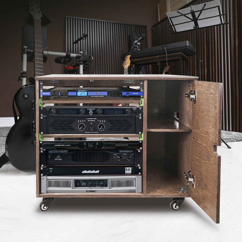 Sound Town SDRK-CR11B DIY 11U Plywood Studio Rack with Slide-Out Trays, Cabinet, Casters, Weathered Brown, for Recording Room, Home Studio, Equipment Storage