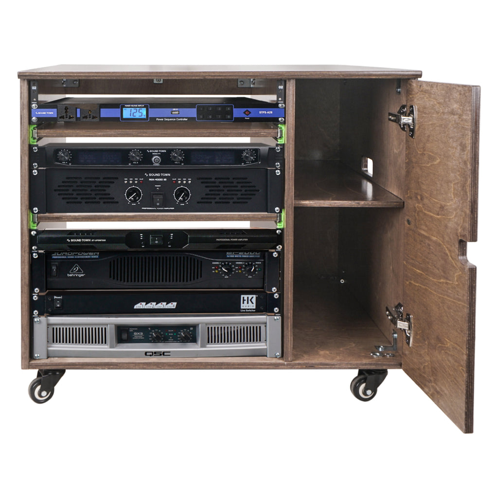 Sound Town SDRK-CR11B DIY 11U Plywood Studio Rack with Slide-Out Trays, Cabinet, Casters, Weathered Brown, for Recording Room, Home Studio - Four Rubberized Casters