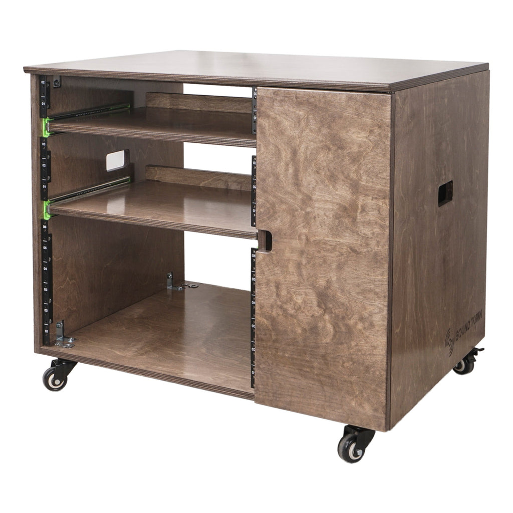 Sound Town SDRK-CR11B-R DIY 11U Plywood Studio Rack with Slide-Out Trays, Cabinet, Casters, Weathered Brown, for Recording Room, Home Studio, Refurbished - Left Side with Logo