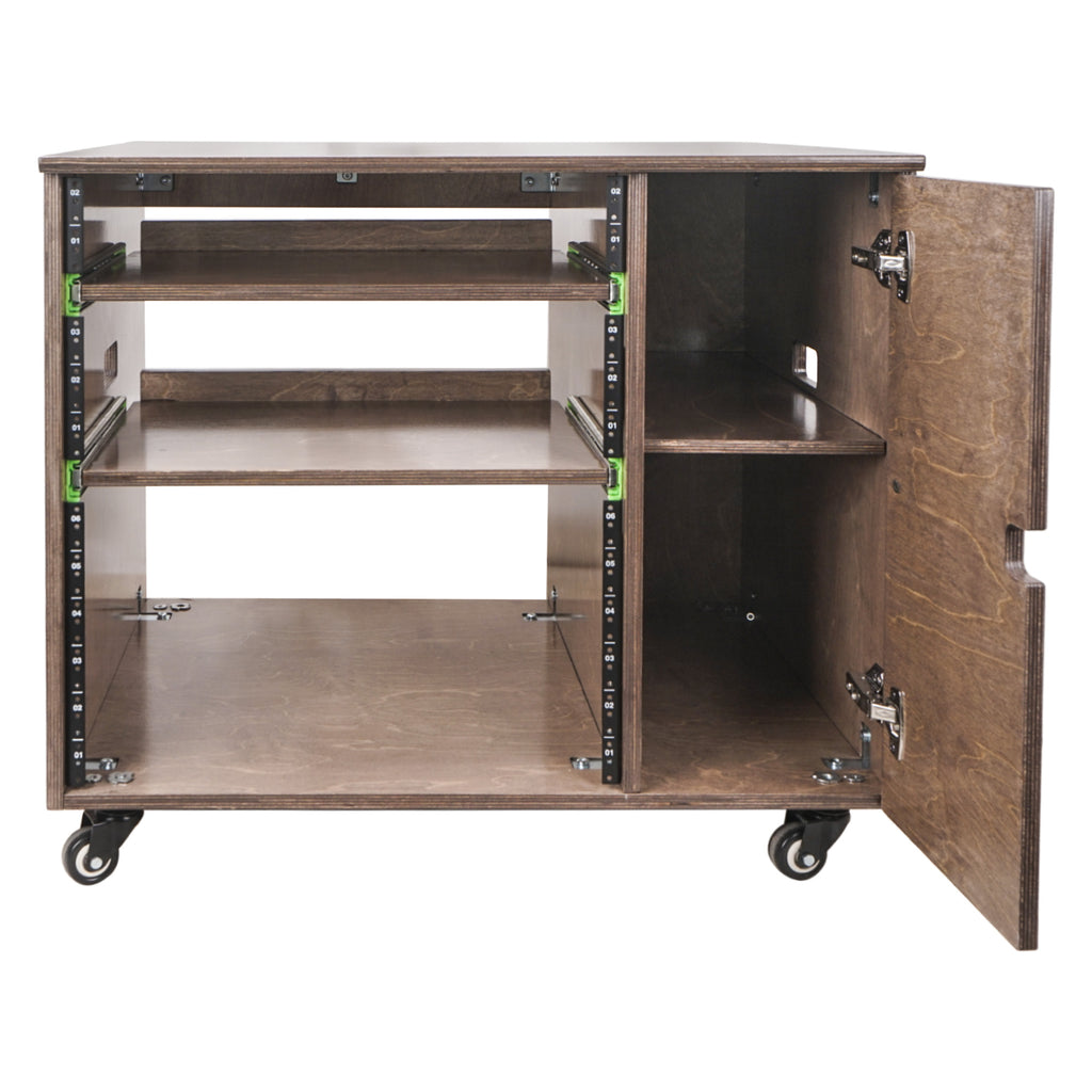 Sound Town SDRK-CR11B DIY 11U Plywood Studio Rack with Slide-Out Trays, Cabinet, Casters, Weathered Brown, for Recording Room, Home Studio - Soft Close Door
