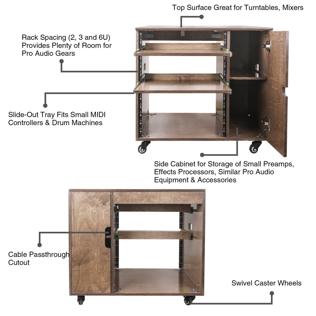 Sound Town SDRK-CR11B DIY 11U Plywood Studio Rack with Slide-Out Trays, Cabinet, Casters, Weathered Brown, for Recording Room, Home Studio - Instructions of Inside and Outside Structure