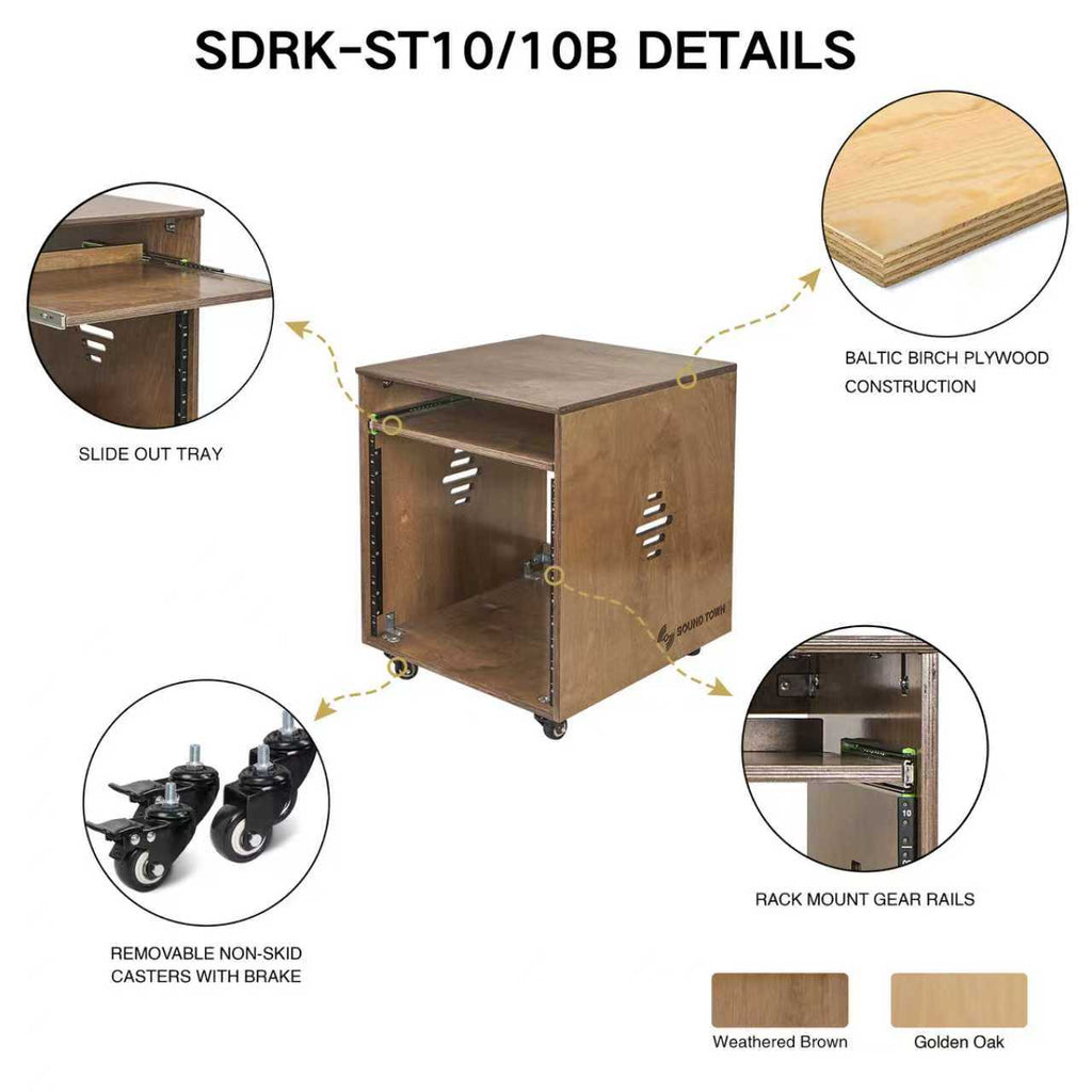 Sound Town SDRK-ST10B 10U Space Plywood Studio Equipment Rack Desk w/ Slide-Out Tray, Rubber Feet, Casters, for Recording, Podcasts, Broadcasts, Streaming, Weathered Brown - Details, Features