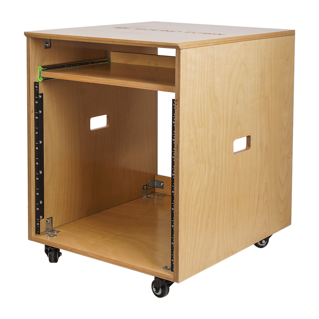 Sound Town SDRK-ST10 10U Space Plywood Studio Equipment Rack Desk w/ Slide-Out Tray, Rubber Feet, Casters, for Recording, Podcasts, Broadcasts, Streaming, Golden Oak - Standard 19" Device Cabinet