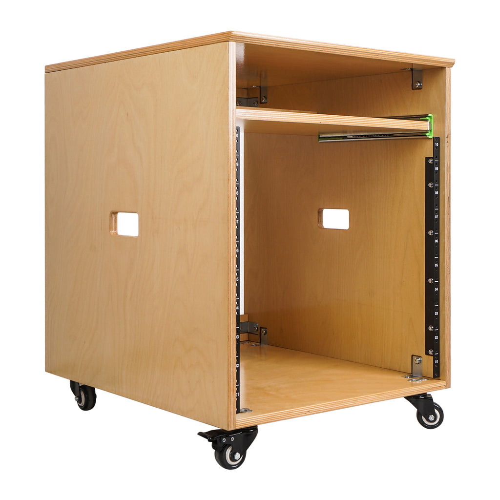 Sound Town SDRK-ST10 10U Space Plywood Studio Equipment Rack Desk w/ Slide-Out Tray, Rubber Feet, Casters, for Recording, Podcasts, Broadcasts, Streaming, Golden Oak - Recording Device Furniture