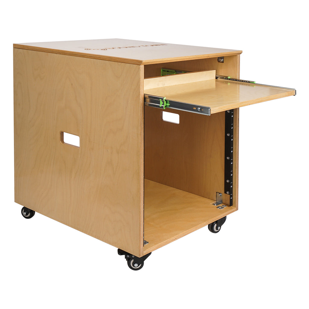 Sound Town SDRK-ST10 10U Space Plywood Studio Equipment Rack Desk w/ Slide-Out Tray, Rubber Feet, Casters, for Recording, Podcasts, Broadcasts, Streaming, Golden Oak - Workstation