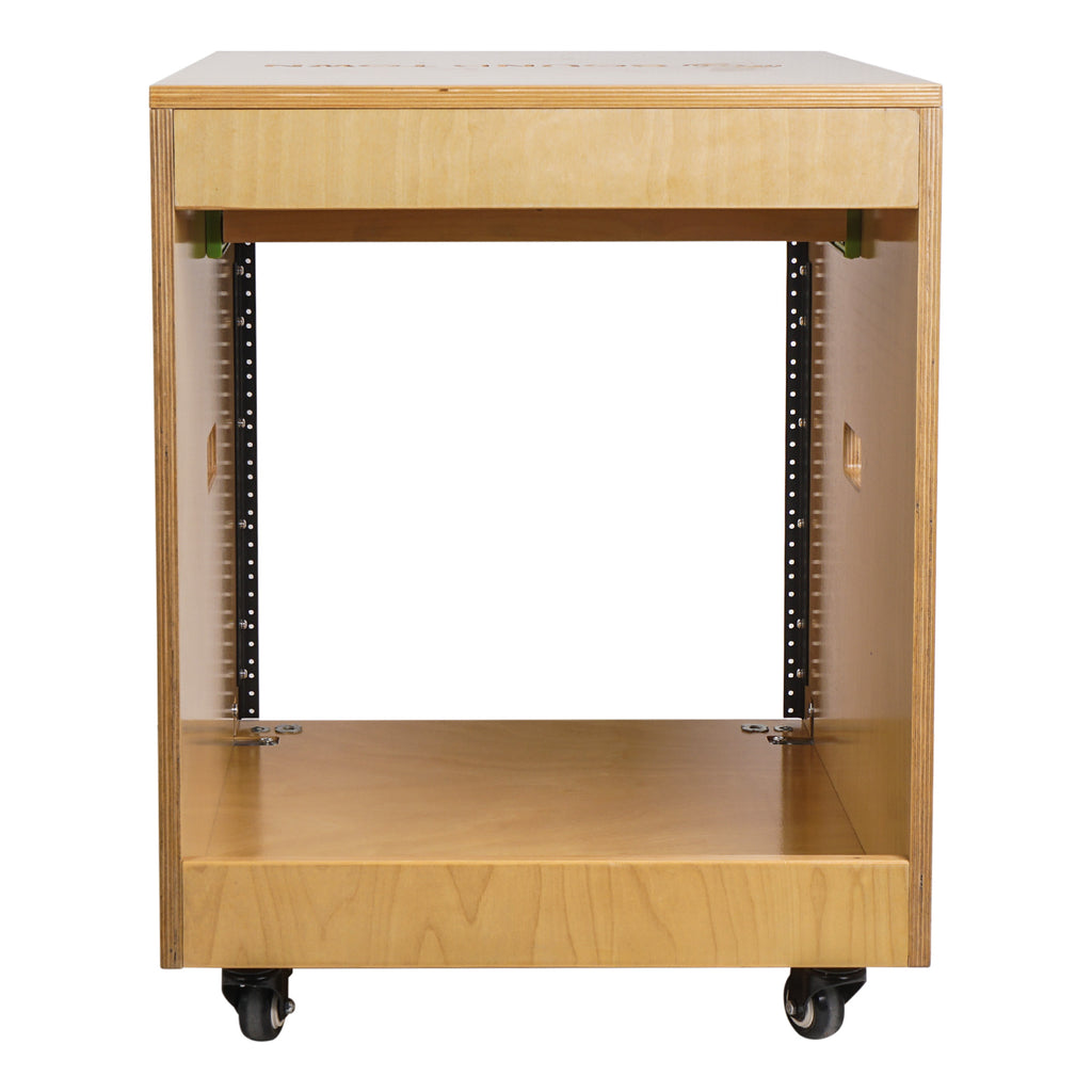 Sound Town SDRK-ST10 10U Space Plywood Studio Equipment Rack Desk w/ Slide-Out Tray, Rubber Feet, Casters, for Recording, Podcasts, Broadcasts, Streaming, Golden Oak - Back