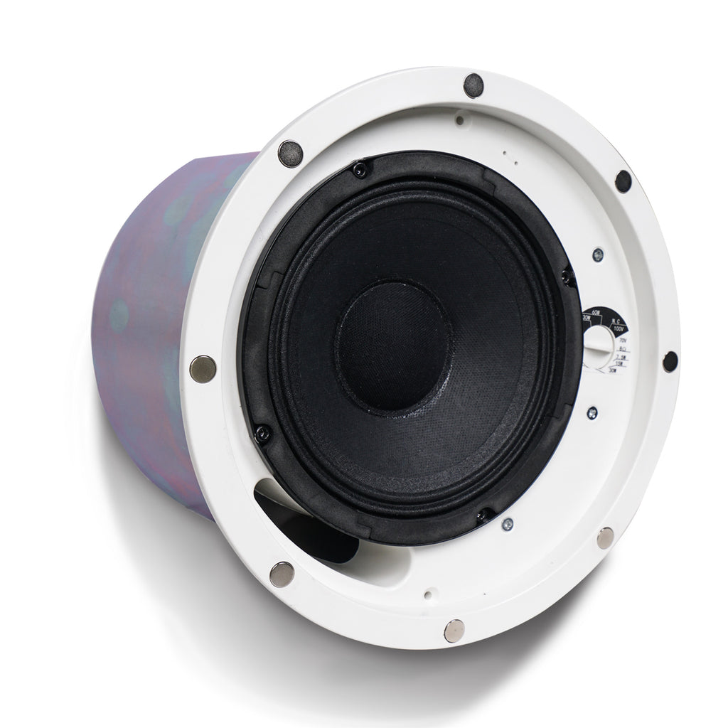 Sound Town STCA360-STCS6 Pair of 6" 2-way Passive Coaxial In-Ceiling / In-Wall Speakers with Low-Profile Design, 6" Woofer, 1” Compression Driver, Backcan and Tile Rails, 120-Degree Coverage, 70/100-volt Operation, White - Built-in Transformer