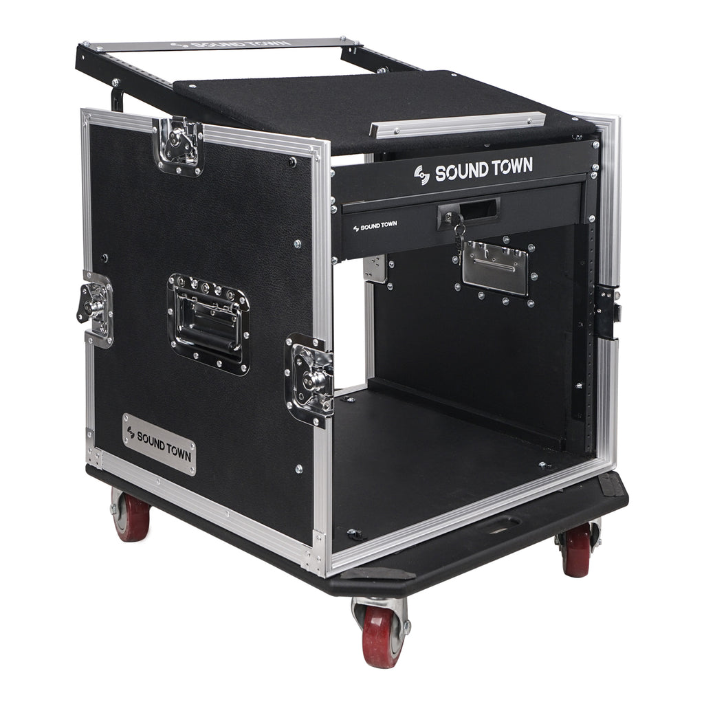Sound Town STMR-10D2 10U (10 Space) PA DJ Pro Audio Rack/Road ATA Case with 11U Slant Mixer Top, Locking Drawer, 20.2" Rackable Depth - Touring Grade