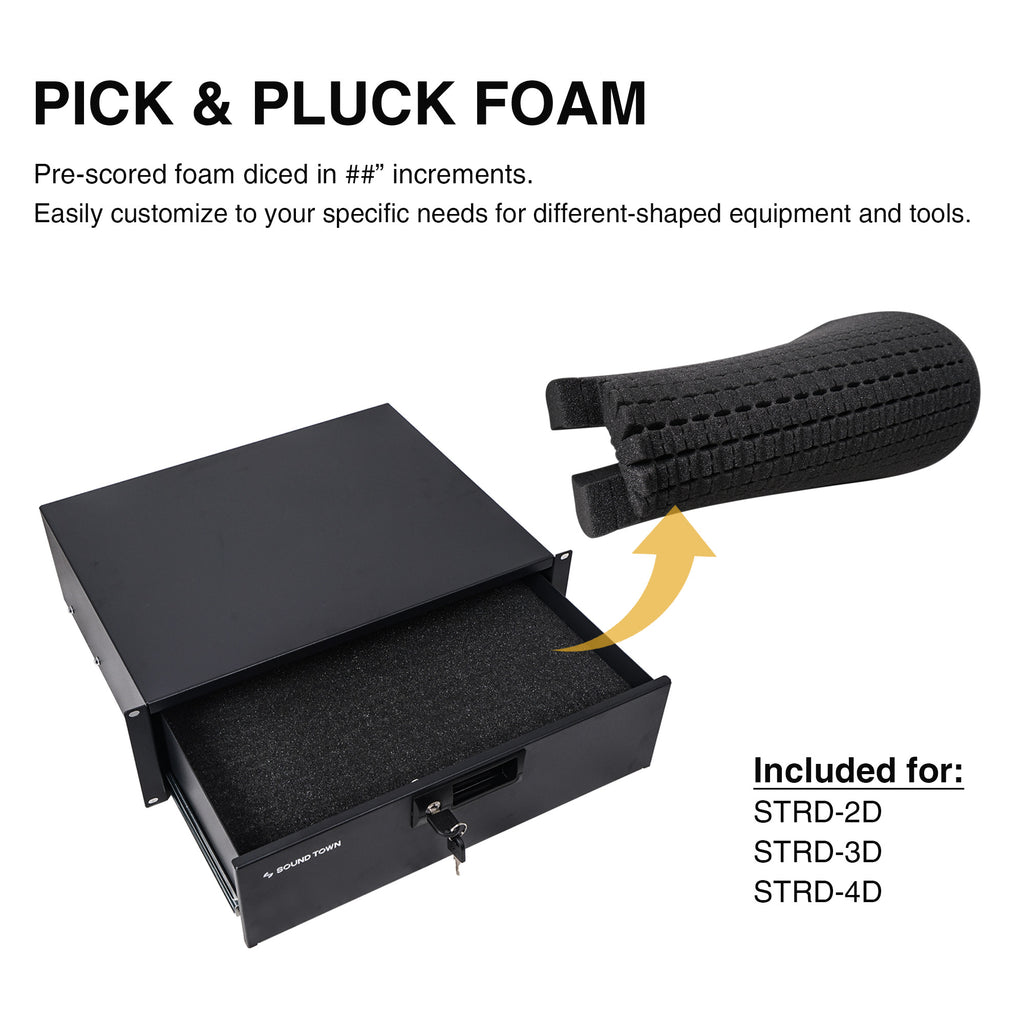 Sound Town STMR-10D2 STRD-2D 19" 2U Locking Rack Mount Sliding Drawer, with Customizable Protection Foam - PICK & PLUCK Foam
