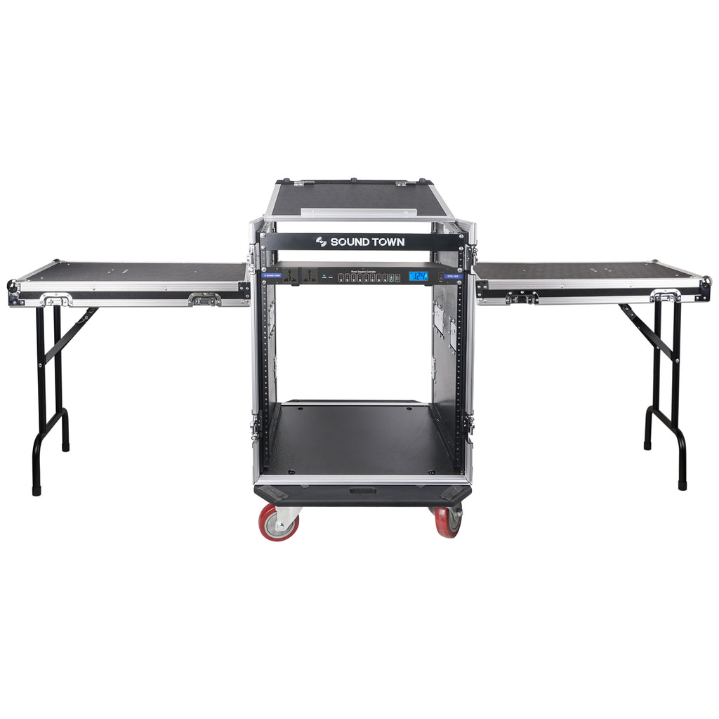 Sound Town STMR-14T2PS10 PA DJ Combo, 14U Rack Case, 10 Outlet AC Power Conditioner with 2 DJ Work Table