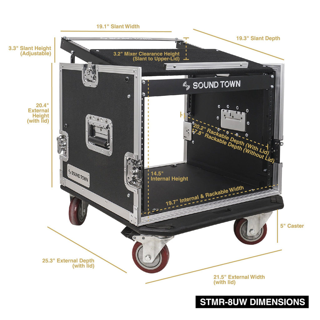 Sound Town STMR-8UW-R 8U (8 Space) PA/DJ Road/Rack ATA Case with 11U Slant Mixer Top and Casters, Refurbished - Dimensions