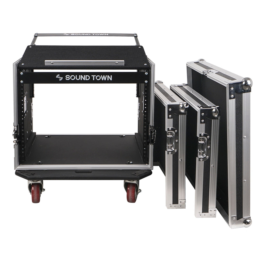 Sound Town STMR-8UW-R 8U (8 Space) PA/DJ Road/Rack ATA Case with 11U Slant Mixer Top and Casters, Refurbished - Removable Front and Back
