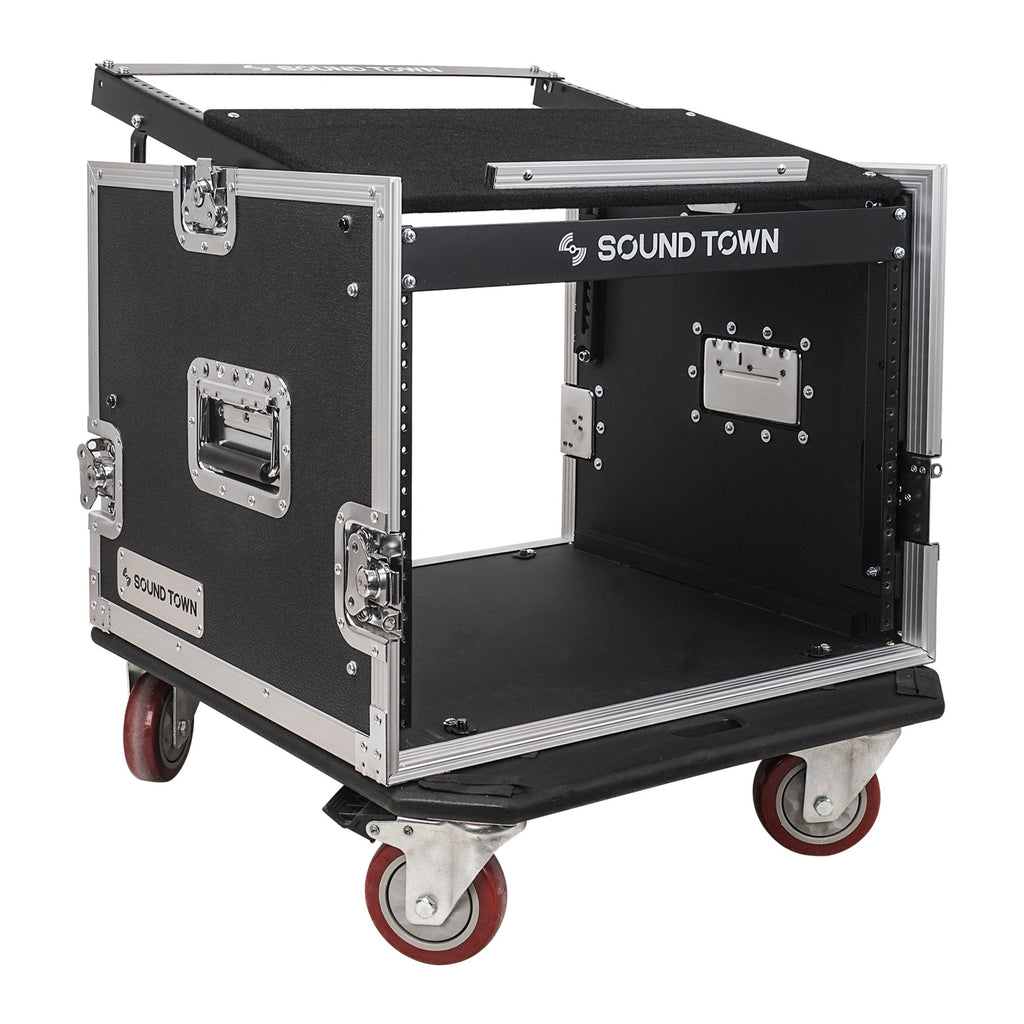 Sound Town STMR-8UW-R 8U (8 Space) PA/DJ Road/Rack ATA Case with 11U Slant Mixer Top and Casters, Refurbished - Rubber-Gripped Handles
