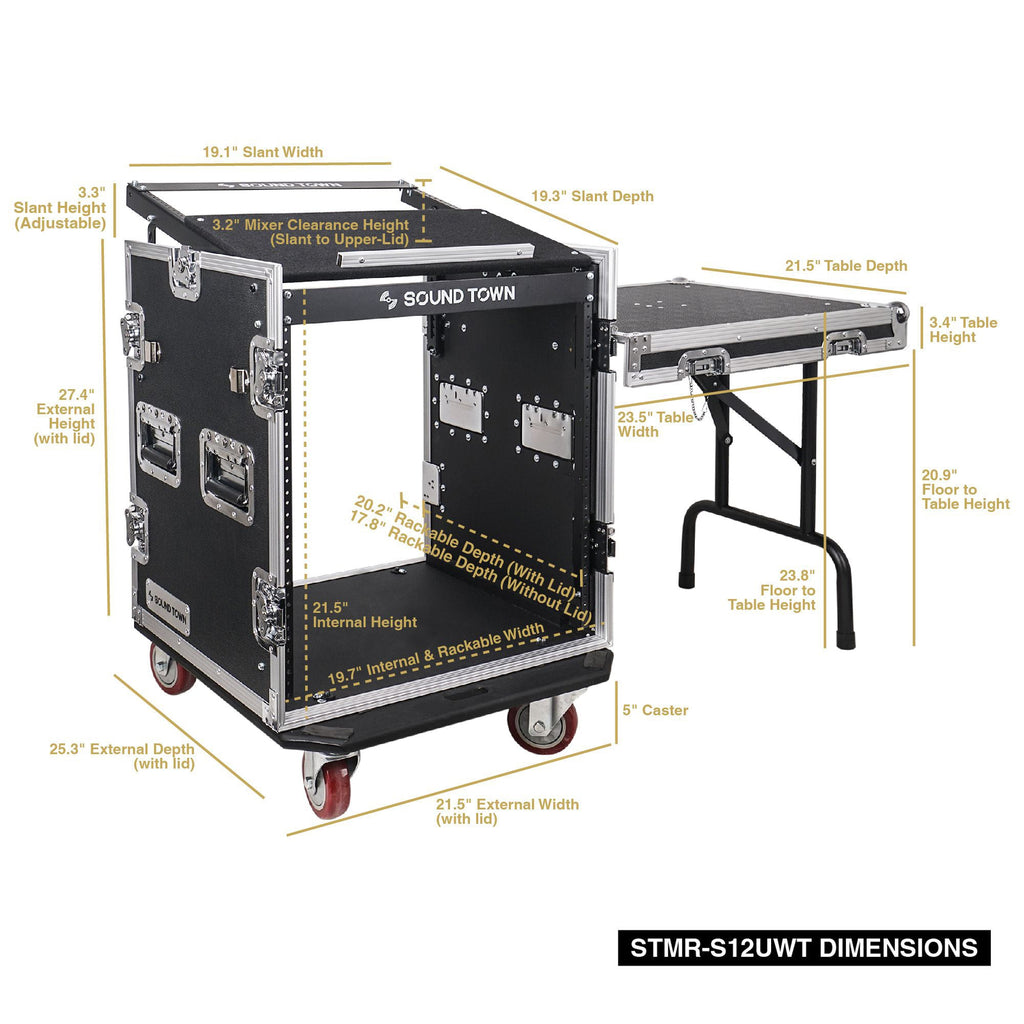 Sound Town STMR-S12UWT-R 12U (12 Space) PA/DJ Rack/Road ATA Case with 11U Slant Mixer Top, 20’’ Rackable Depth, DJ Work Table and Casters, Refurbished - Size & Dimensions