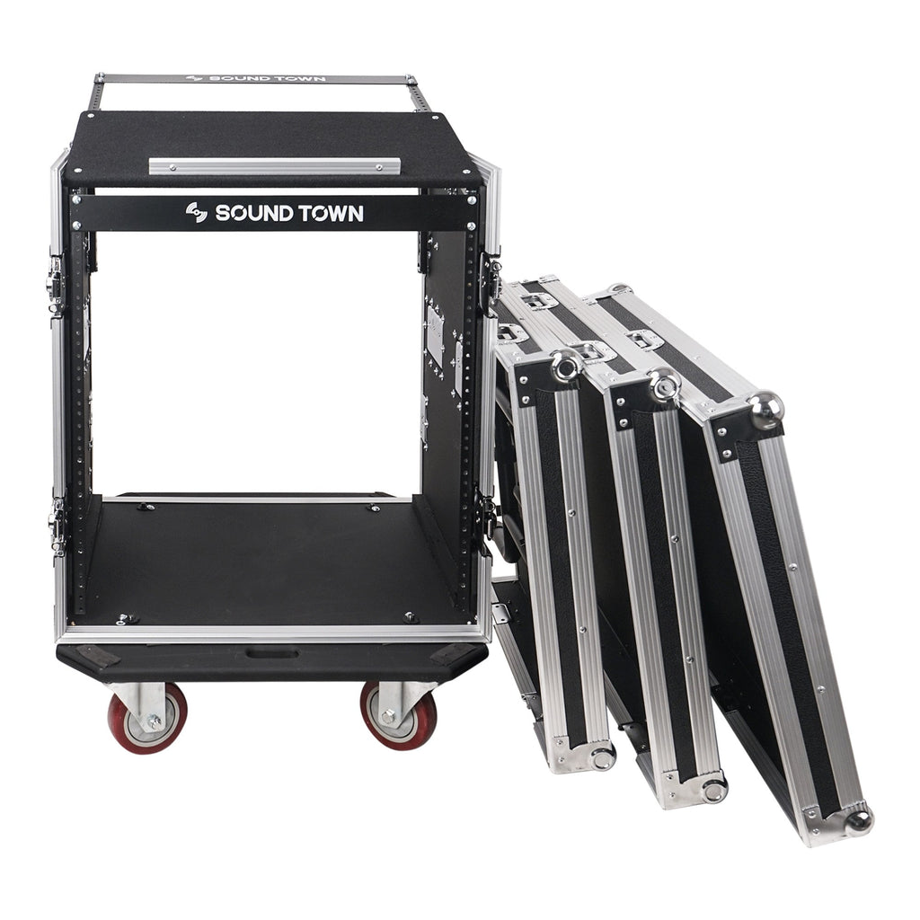 Sound Town STMR-S12UWT-R 12U (12 Space) PA/DJ Rack/Road ATA Case with 11U Slant Mixer Top, 20’’ Rackable Depth, DJ Work Table and Casters, Refurbished - Removable Front and Back