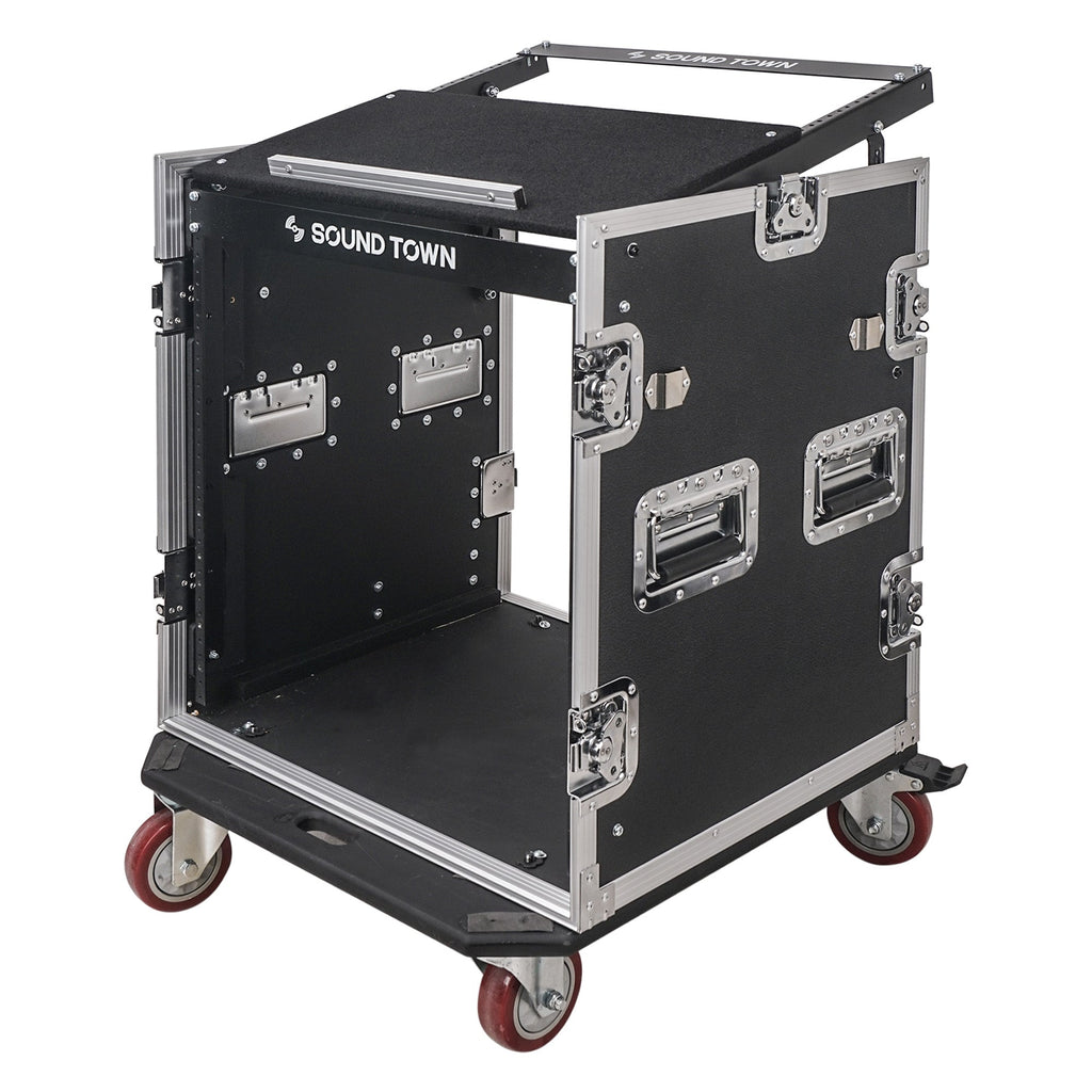 Sound Town STMR-S12UWT-R 12U (12 Space) PA/DJ Rack/Road ATA Case with 11U Slant Mixer Top, 20’’ Rackable Depth, DJ Work Table and Casters, Refurbished - Industrial-Grade Latches