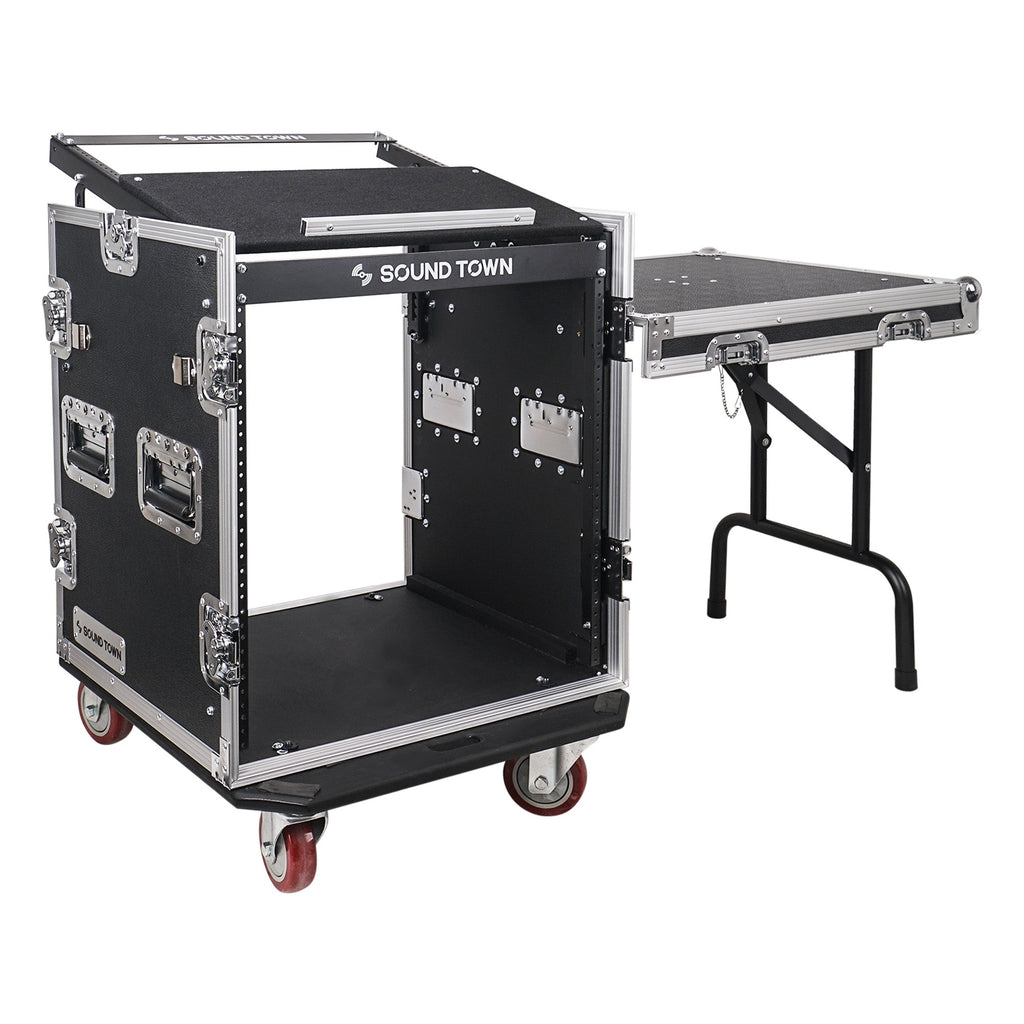 Sound Town STMR-S12UWT-R 12U (12 Space) PA/DJ Rack/Road ATA Case with 11U Slant Mixer Top, 20’’ Rackable Depth, DJ Work Table and Casters, Refurbished - Detachable Side Table