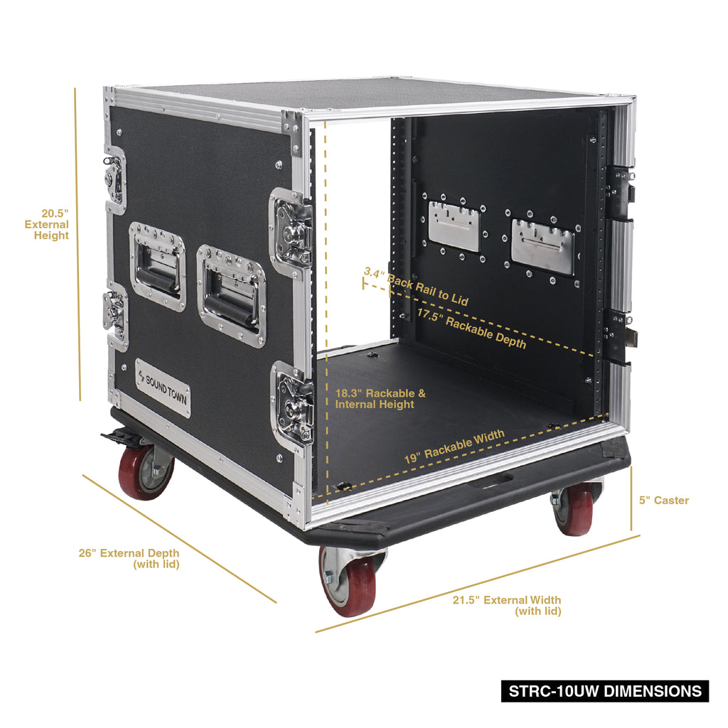Sound Town STRC-10UW 10U PA/DJ Rack/Road Case, 10-Space, with 17” Depth, Casters, Plywood, Metal Ball Corners, Pro Tour Grade - Internal & External Size & Dimensions