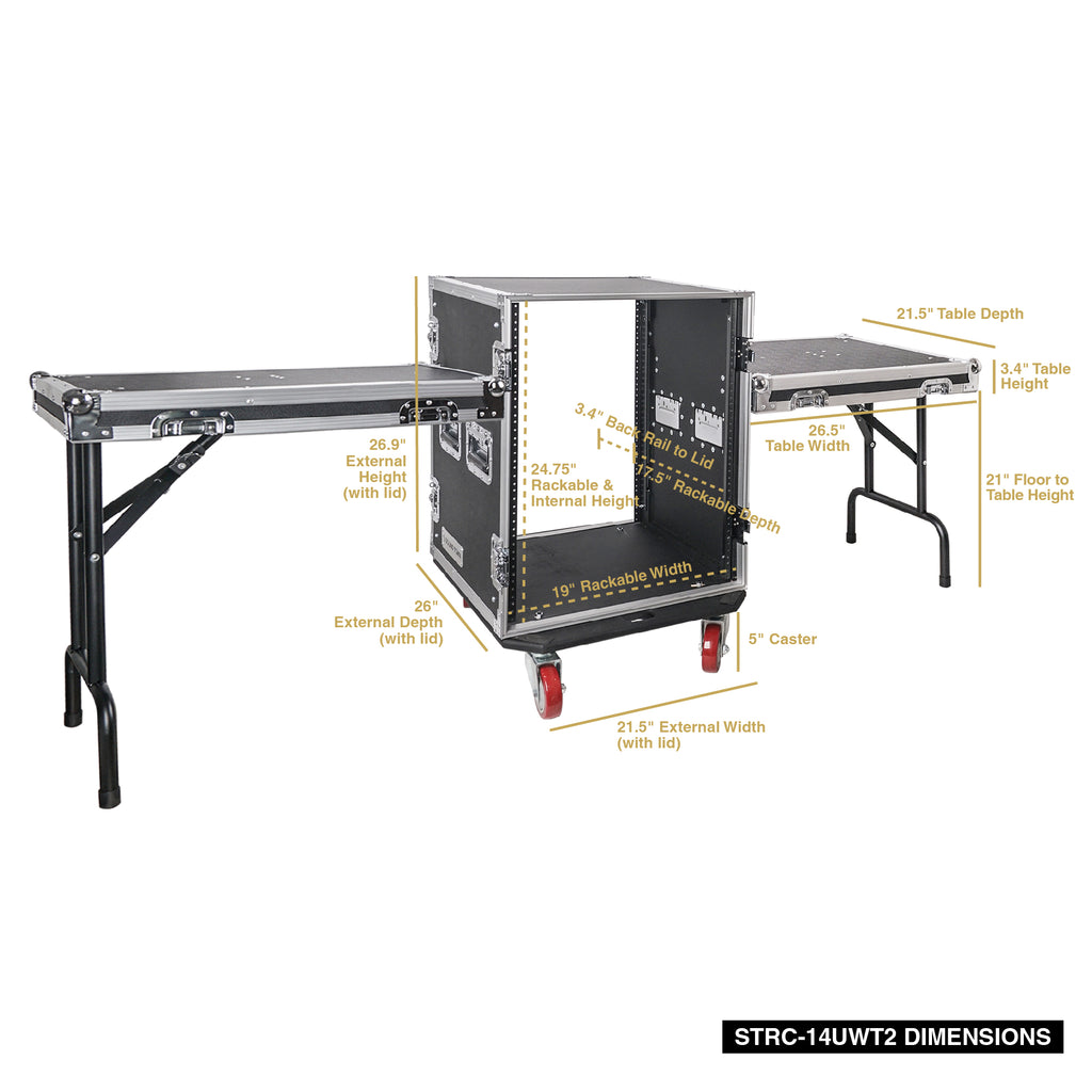 Sound Town STRC-14UWT2 14U Space PA/DJ Rack/Road Case with 17" Depth, Two DJ Work Tables, Casters, Plywood, Metal Ball Corners - Size and Dimensions
