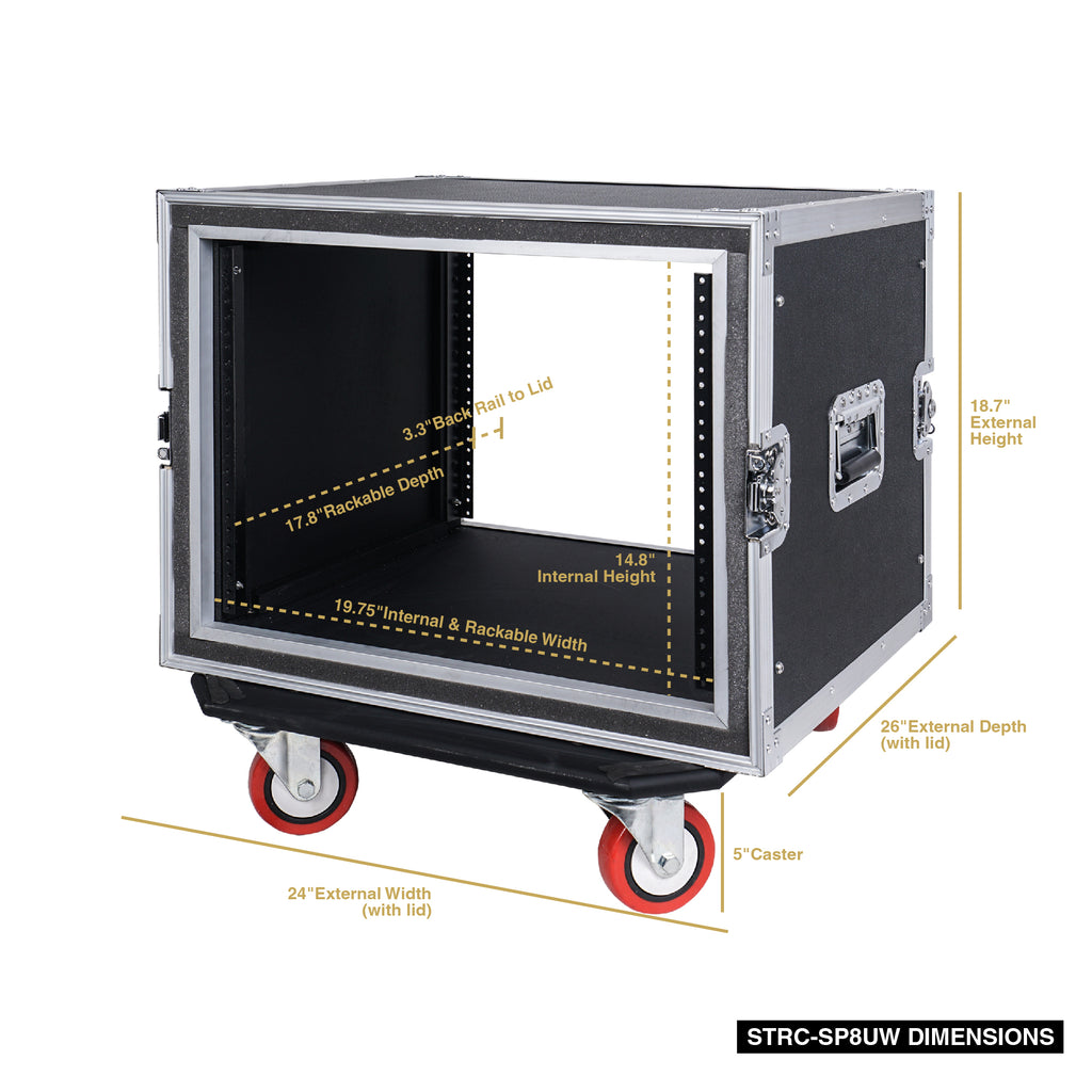 Sound Town STRC-SP8UW 8U (8 Space) PA/DJ Shock Mount Rack/Road ATA Case with 17” Rackable Depth and Casters - Size & Dimensions