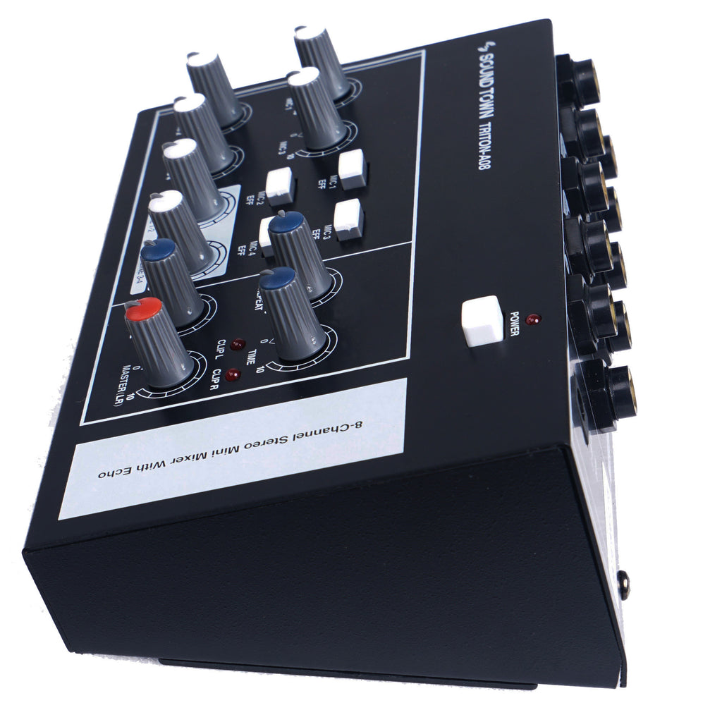 Sound Town TRITON-A08-R 8-Channel Mono Stereo Karaoke Mini Mixer with 1/4” Inputs and Outputs, Echo/Delay Effect and Depth Controls, Refurbished - DC 9V