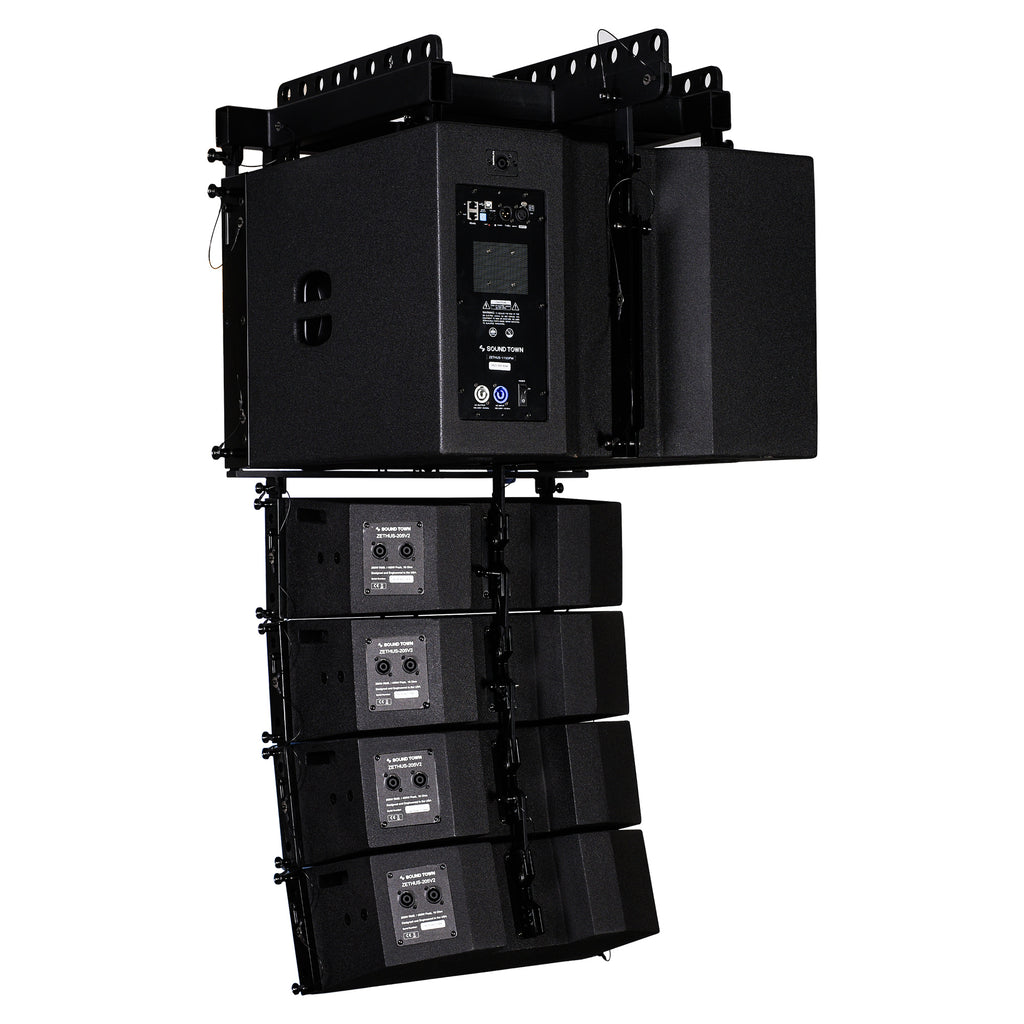 Sound Town ZETHUS-115SPW205V2X4 | ZETHUS Series Line Array Speaker System with One 15-inch Powered Subwoofer w/ LPF, DSP and Four Compact Dual 5-inch Passive Speakers, Black - sets back view