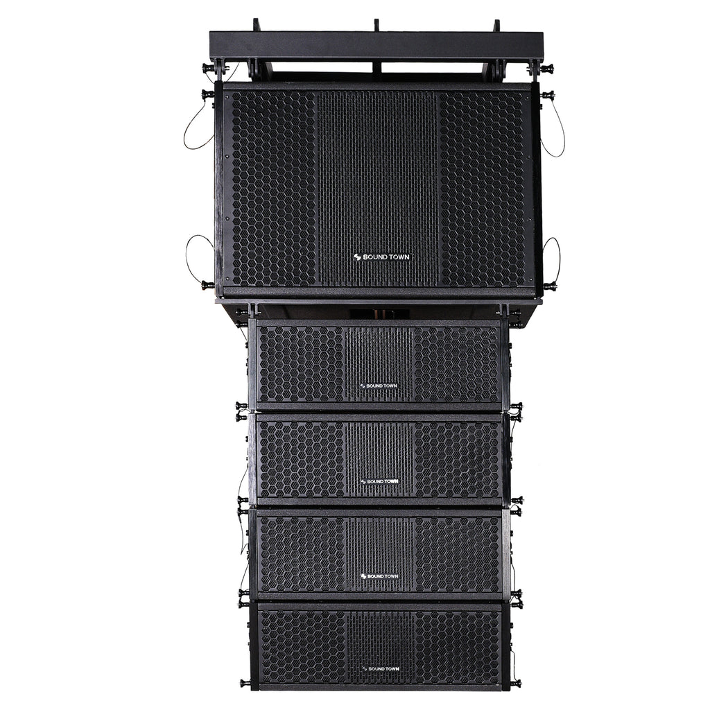 Sound Town ZETHUS-115SPW205V2X4 | ZETHUS Series Line Array Speaker System with One 15-inch Powered Subwoofer w/ LPF, DSP and Four Compact Dual 5-inch Passive Speakers, Black - sets front view