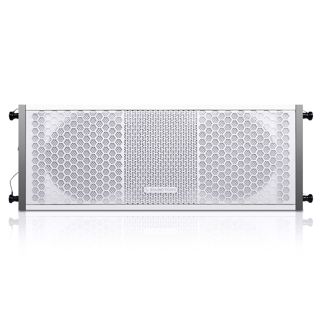 Sound Town ZETHUS-115SW208W ZETHUS Series 2 X 8” Line Array Loudspeaker System with Titanium Compression Driver, White - Front Panel
