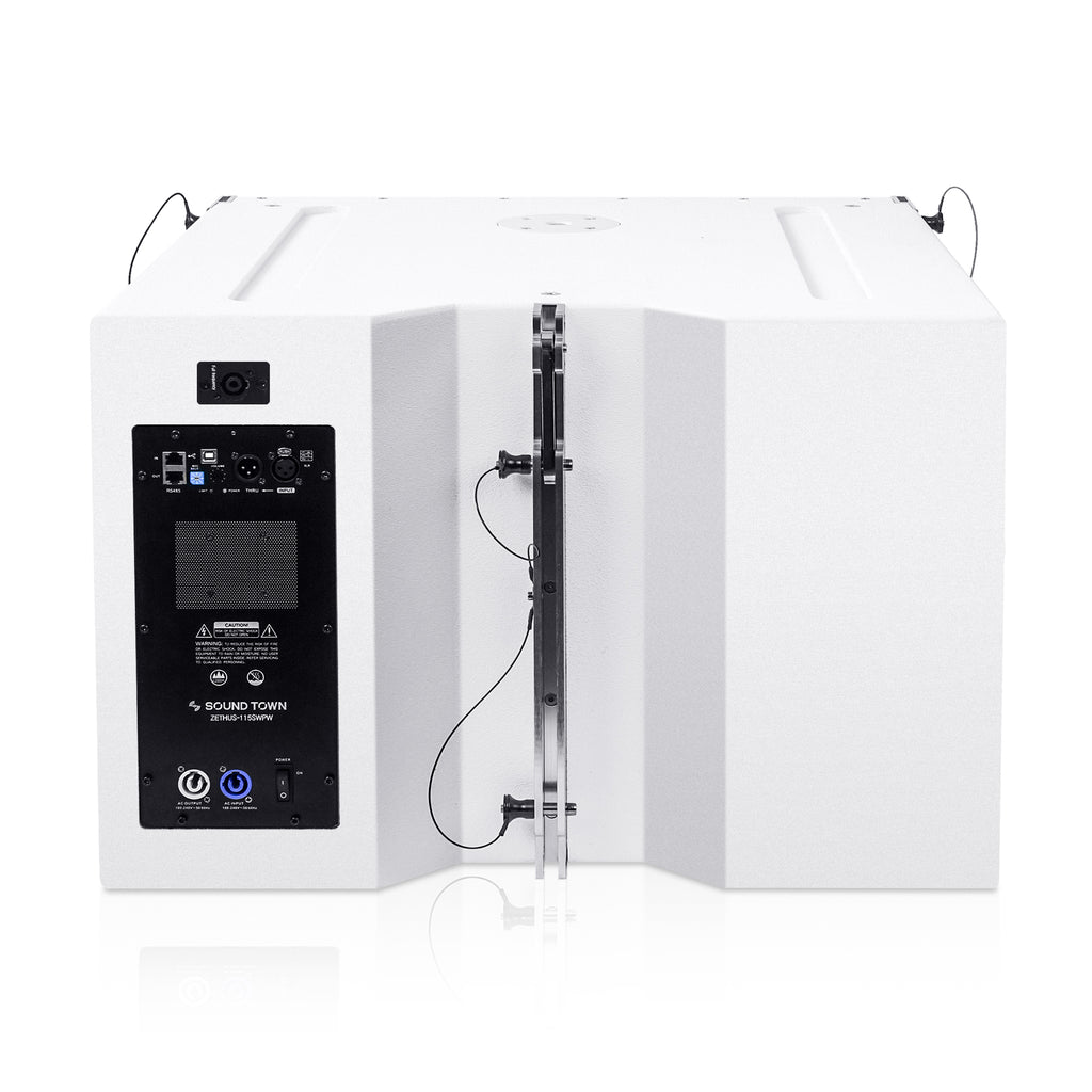 Sound Town ZETHUS-115SWPW205WV2X4 ZETHUS Series Line Array Speaker System w/ (1) 15" Powered Subwoofer, (4) Compact Dual 5" Speakers, White - Subwoofer Back Panel