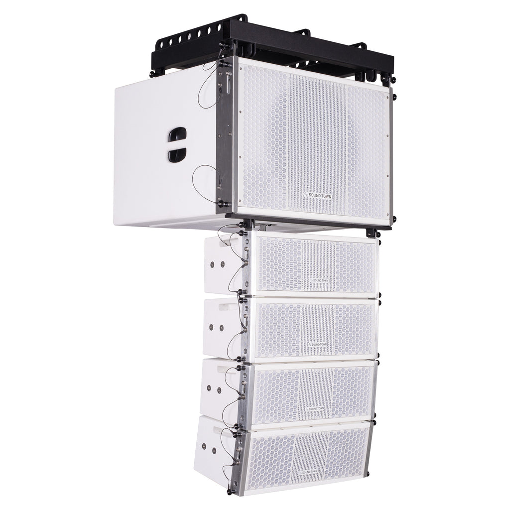 Sound Town ZETHUS-115SWPW205WV2X4 ZETHUS Series Line Array Speaker System w/ (1) 15" Powered Subwoofer, (4) Compact Dual 5" Speakers, White - sets