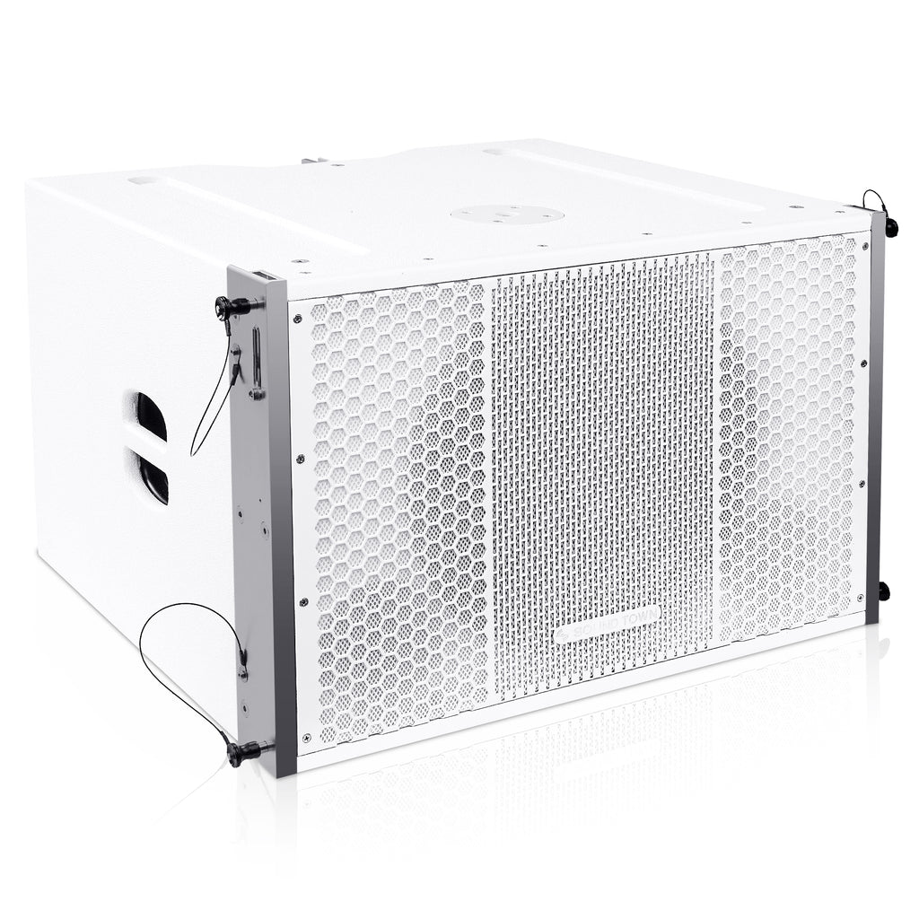 Sound Town ZETHUS-115SWPW208WV2X2 ZETHUS Series Line Array Speaker System with One 15-inch Powered Line Array Subwoofer, Two Compact 2 X 8-inch Line Array Speakers, White - subwoofer right panel