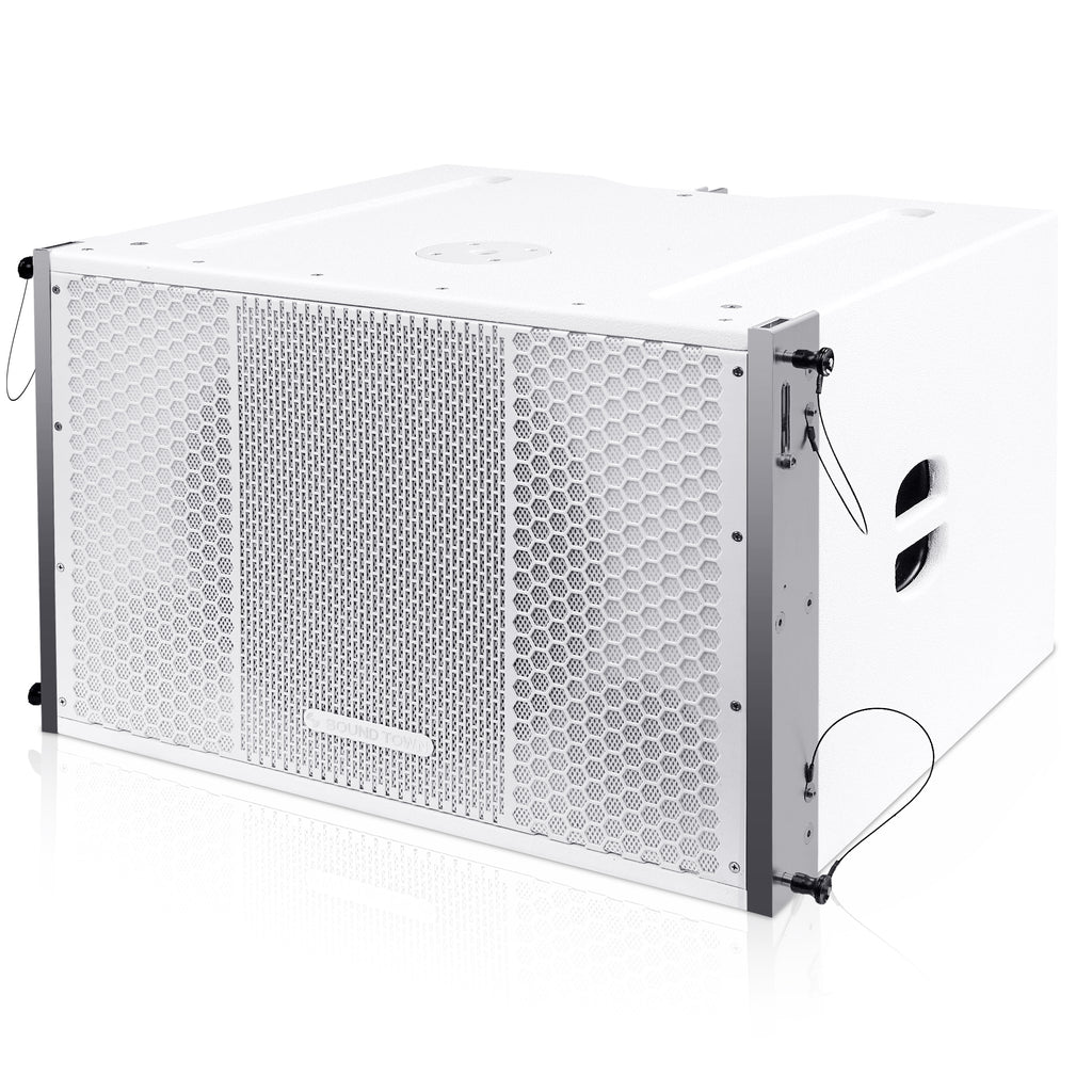 Sound Town ZETHUS-115SWPW208WV2X2 ZETHUS Series Line Array Speaker System with One 15-inch Powered Line Array Subwoofer, Two Compact 2 X 8-inch Line Array Speakers, White - subwoofer left panel