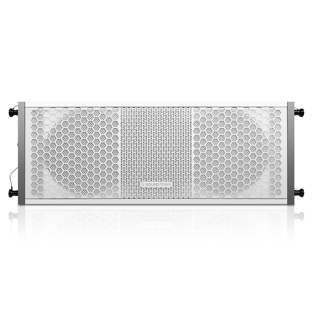 Sound Town ZETHUS-115SWPW208WV2X2 ZETHUS Series Line Array Speaker System with One 15-inch Powered Line Array Subwoofer, Two Compact 2 X 8-inch Line Array Speakers, White - loudspeaker front panel