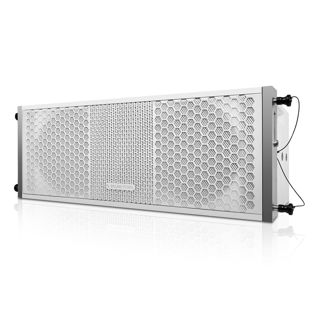 Sound Town ZETHUS-115SWPW208WV2X2 ZETHUS Series Line Array Speaker System with One 15-inch Powered Line Array Subwoofer, Two Compact 2 X 8-inch Line Array Speakers, White - loudspeaker left panel