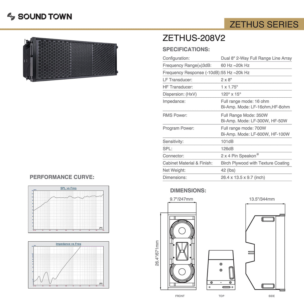 Sound Town ZETHUS-208BV2-PAIR Dual 8-inch Line Array Speaker System, Black - Specifications, Dimensions, SPL vs Frequency, Impedance vs. Frequency Performance Curve