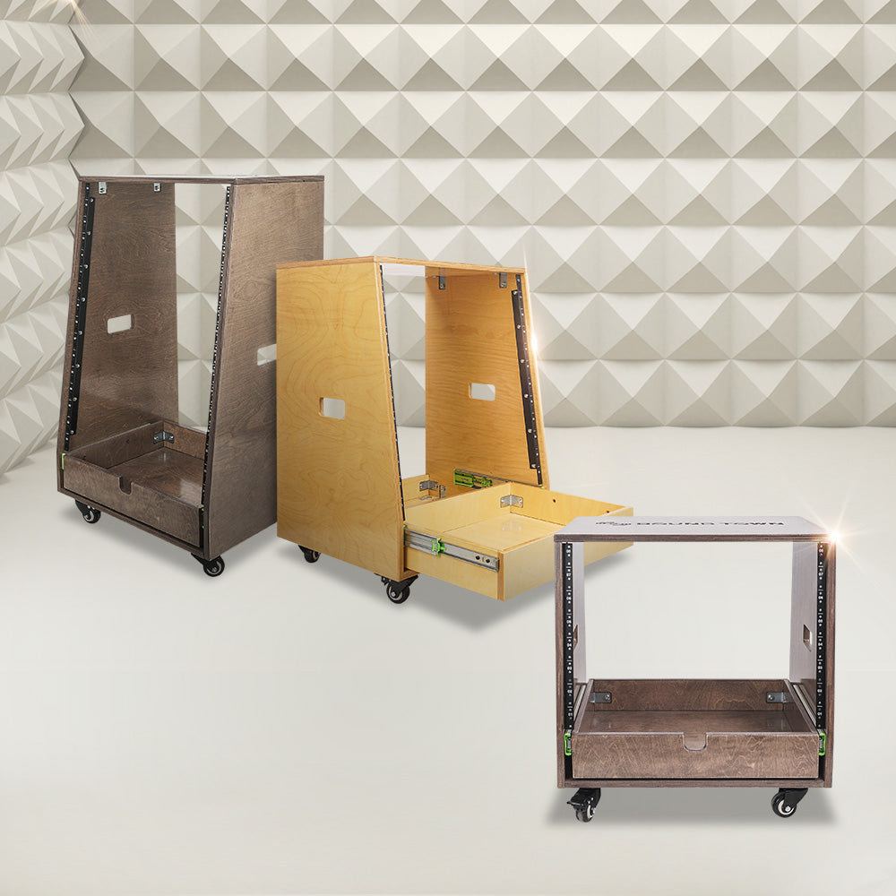 Sound Town SDRK-12TBD2-R REFURBISHED: 12U DIY Slanted Studio Rack with 12U Rack Space, Extra 2U Drawer, Plywood, Rubber Feet, Casters, Weathered Brown - Room