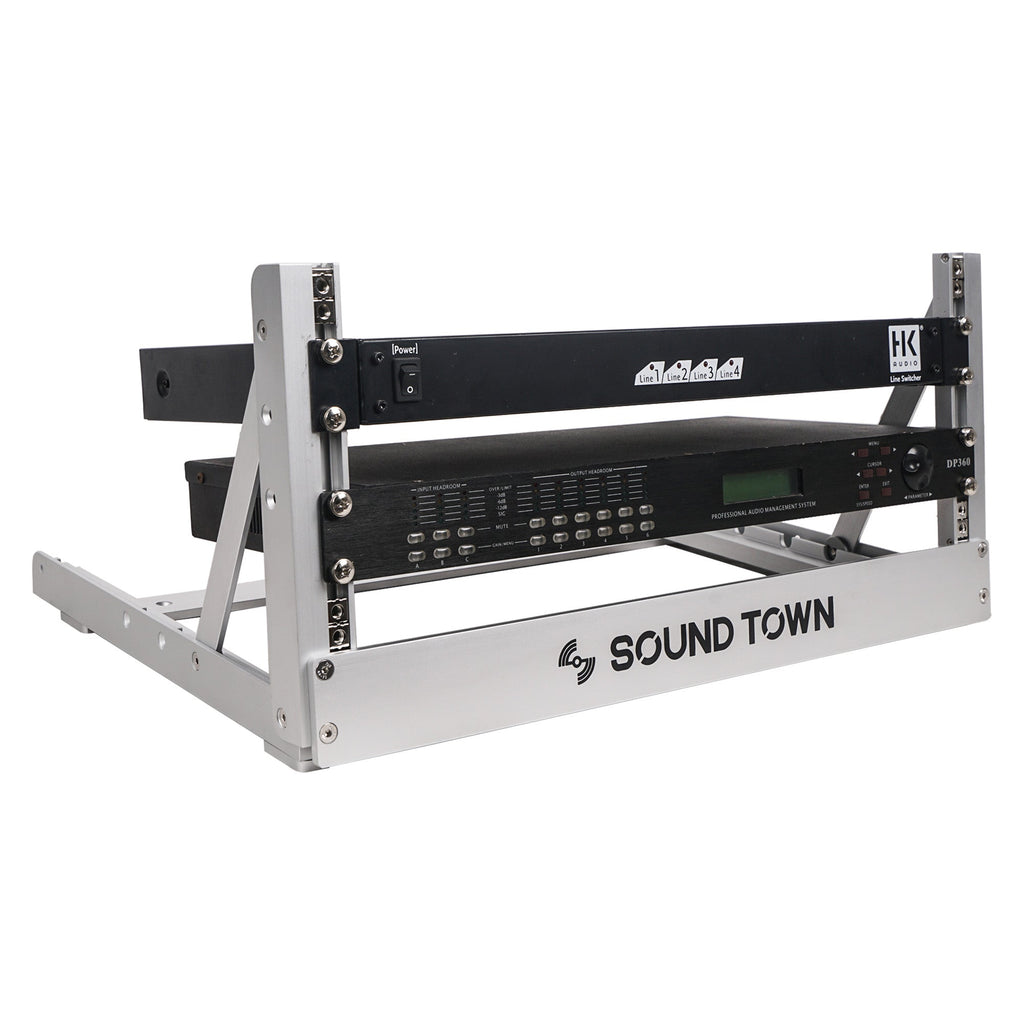 Sound Town 2PF-4A-R | REFURBISHED: 4U Aluminum 2-Post Desktop Open-Frame Rack for PA, Audio/Video, Network Switches, Routers, Patch Panels, Angle Adjustable - Standard 19" Mountable Equipment
