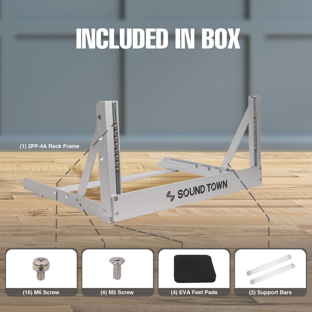 Sound Town 2PF-4A-R | REFURBISHED: 4U Aluminum 2-Post Desktop Open-Frame Rack for PA, Audio/Video, Network Switches, Routers, Patch Panels, Angle Adjustable - Included in the Box, Package Contents, Accessories, Parts, Screw  Size
