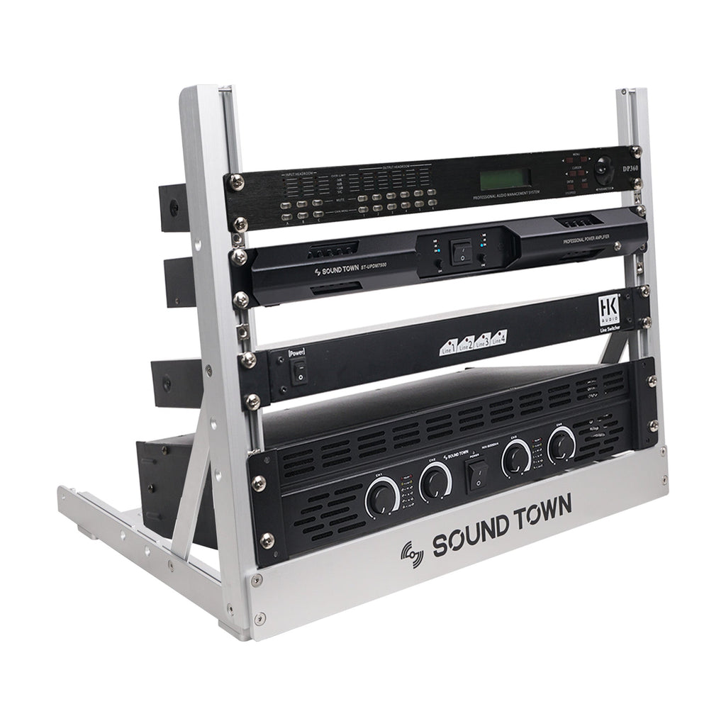 Sound Town 2PF-8A-R | REFURBISHED: 8U Aluminum 2-Post Desktop Open-Frame Rack, for PA, Audio/Video, Network Switches, Routers, Patch Panels, Angle Adjustable - for standard 19" mountable equipment