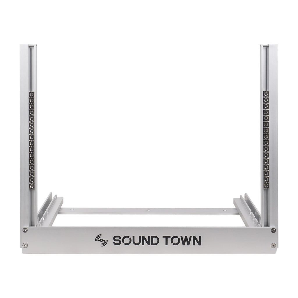 Sound Town 2PF-8A-R | REFURBISHED: 8U Aluminum 2-Post Desktop Open-Frame Rack, for PA, Audio/Video, Network Switches, Routers, Patch Panels, Angle Adjustable - front