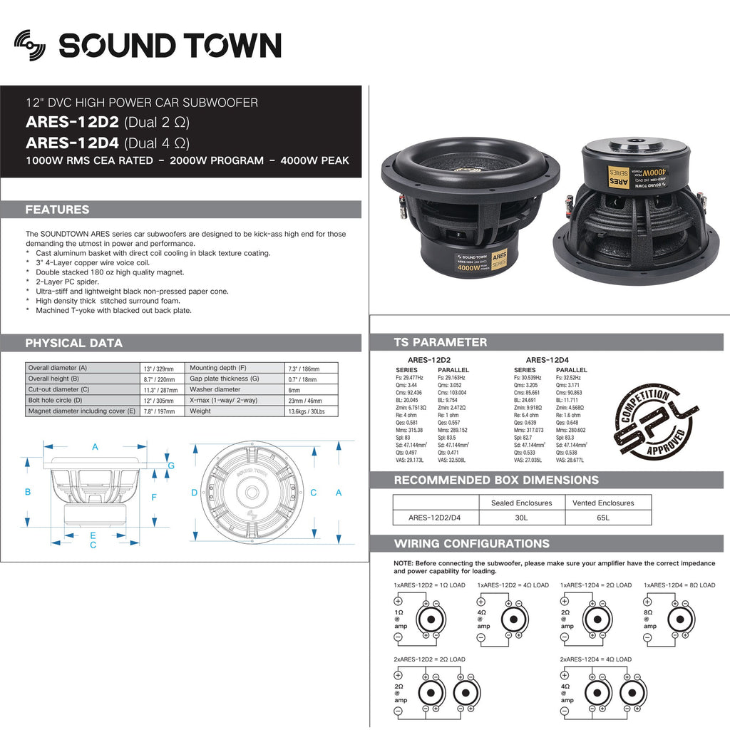Sound Town ARES-12D2-R REFURBISHED: 12" Dual Voice Coil 1000W Car Audio Subwoofer, Dual 2-Ohm, CEA Rated - features, physical data, ts parameter, recommended box dimensions, wiring configurations