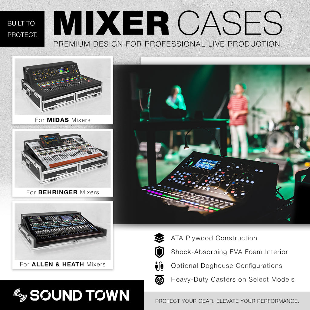 Sound Town ATA Mixer Cases for Midas, Behringer & Allen & Heath Consoles with 9mm Plywood Construction, Shock-Absorbing EVA Foam Interiors, Commercial-Grade Plated Hardware, Optional 12mm Plywood Doghouse Configurations, and Heavy-Duty Casters on Select Models for Live Sound, Touring, Church Audio, and Mobile Audio Applications