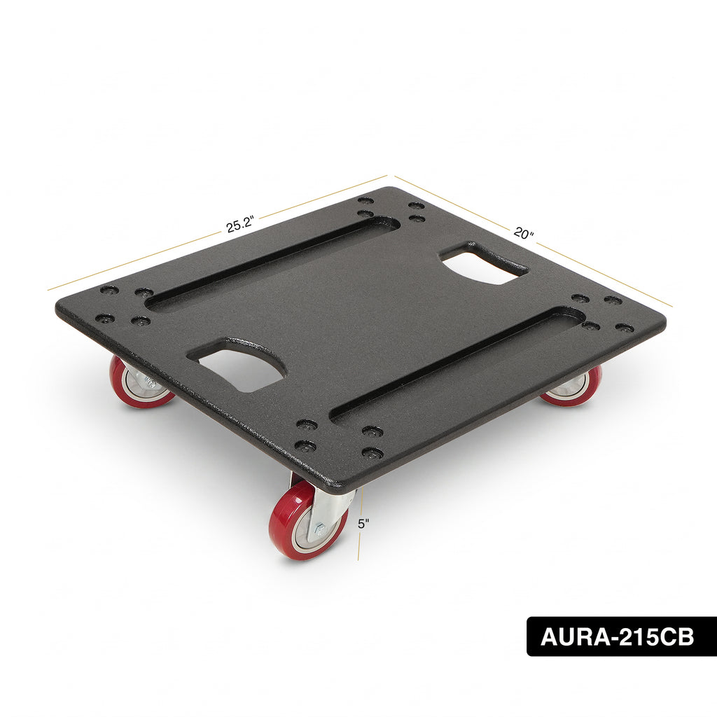 MODE Audio AURA-215CB | MODE Audio Heavy-Duty Plywood Caster Board with 4" Wheels and Locking Brakes for AURA-215 Series Subwoofers  - Size and Dimensions