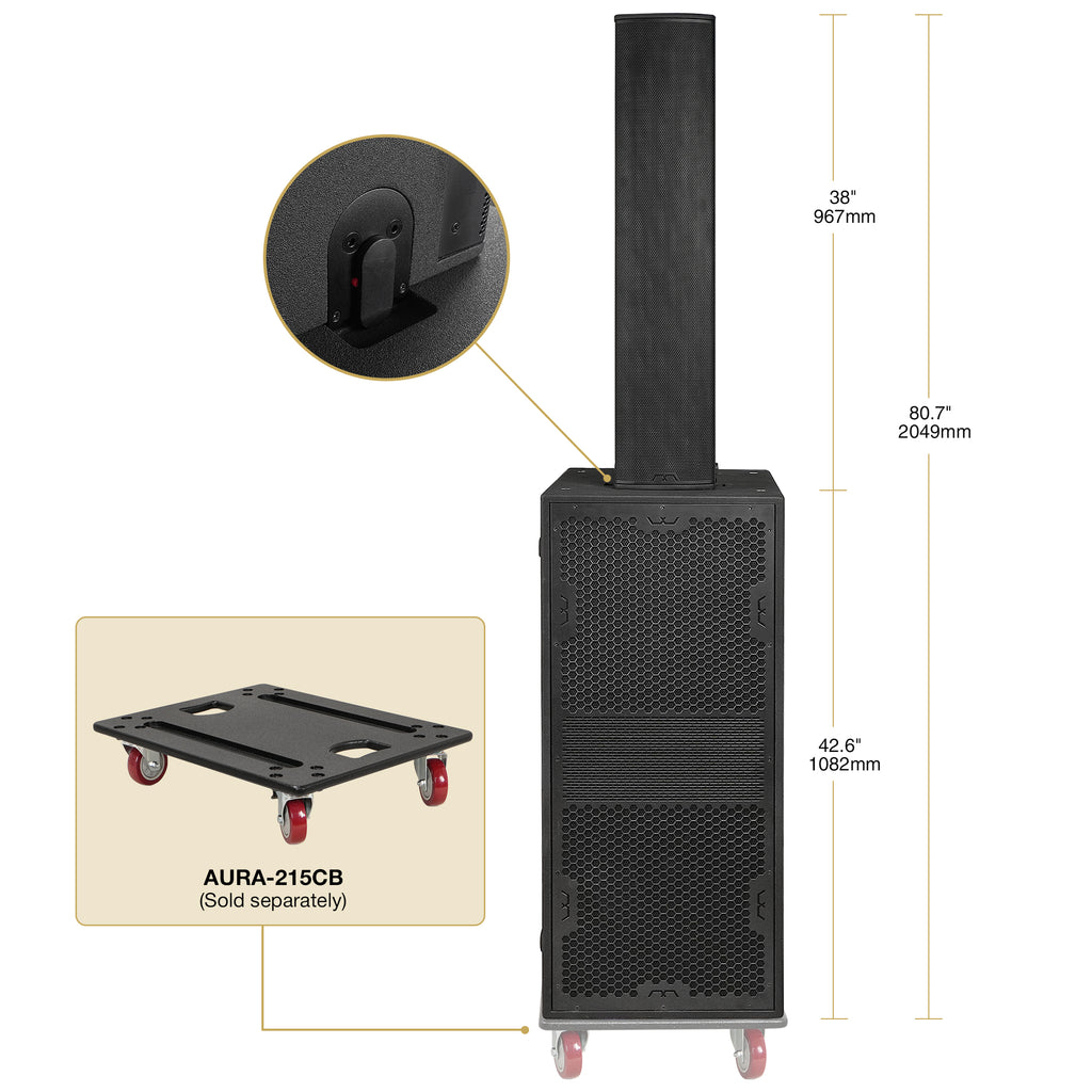 AURA-215S1.164 | AURA Series Powered PA System with 2400W Dual 15" 1.1 Subwoofer, Column Array Loudspeaker with LAVOCE Drivers, Black - Caster Board Sold Separately, Mounting Brackets, Size and Dimensions