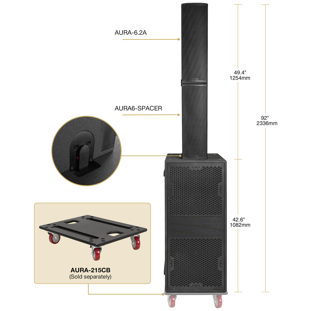MODE Audio AURA-215S62A | AURA Series Powered PA System with 2400W Dual 15" Subwoofer, Column Array Loudspeaker w/ LAVOCE Drivers and Extension Spacer, Black - Size and Dimensions, Caster Board Sold Separately, Mounting Bracket