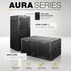 Build the AURA system around your venue with the MODE Audio AURA-215SA and AURA-215SA1.1 powered subwoofers. Both feature dual 15" woofers, 4" voice coils, and 2400W peak output. Pair the AURA-215SA with powered AURA columns, or use the AURA-215SA1.1’s 500W RMS SpeakON output to power a passive column directly. AURA supports stacked, pole-mounted, spacer-assisted, paired-subwoofer, and flown setups, plus six DSP presets and dual Ethernet ports for linking and monitoring.
