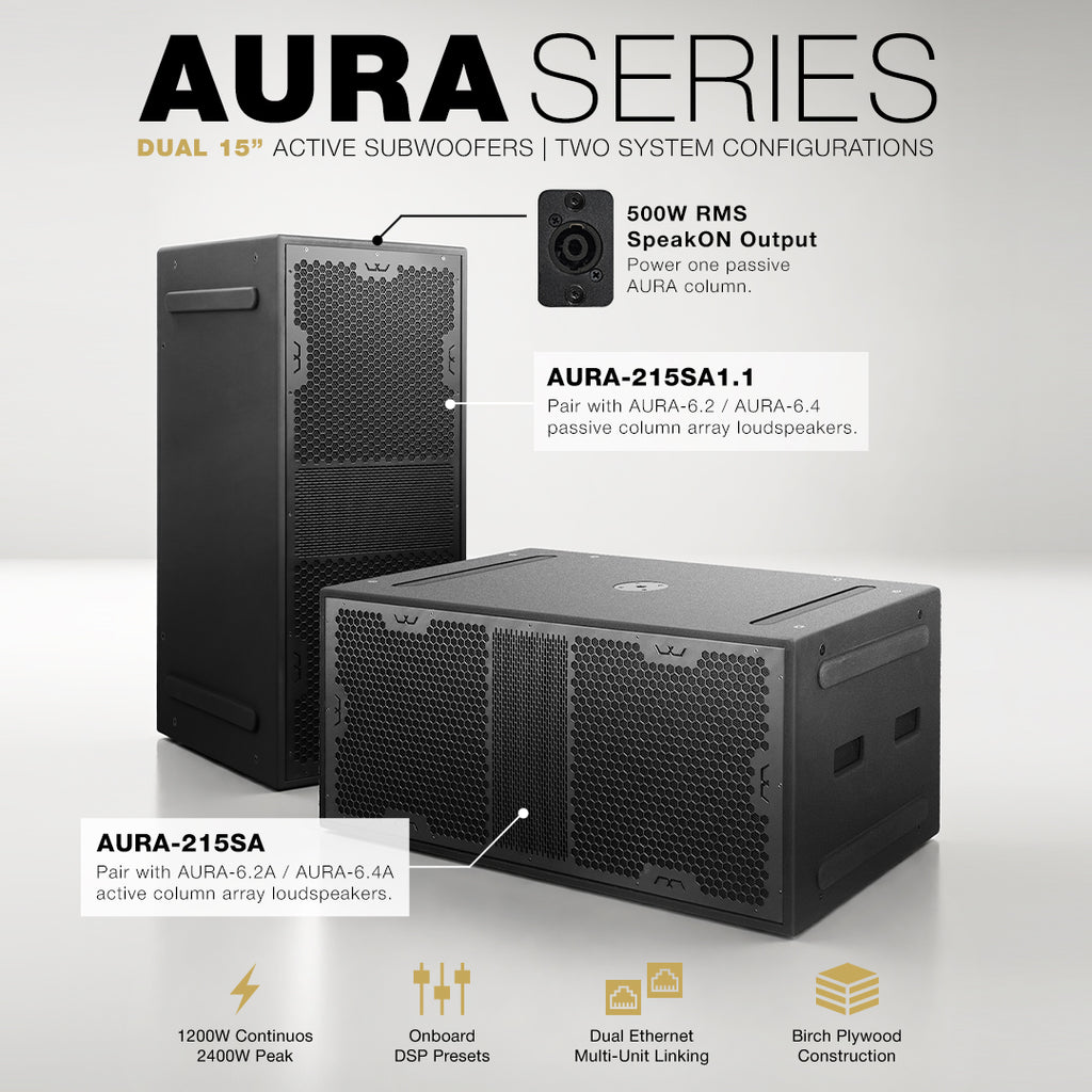 Build the AURA system around your venue with the MODE Audio AURA-215SA and AURA-215SA1.1 powered subwoofers. Both feature dual 15" woofers, 4" voice coils, and 2400W peak output. Pair the AURA-215SA with powered AURA columns, or use the AURA-215SA1.1’s 500W RMS SpeakON output to power a passive column directly. AURA supports stacked, pole-mounted, spacer-assisted, paired-subwoofer, and flown setups, plus six DSP presets and dual Ethernet ports for linking and monitoring.
