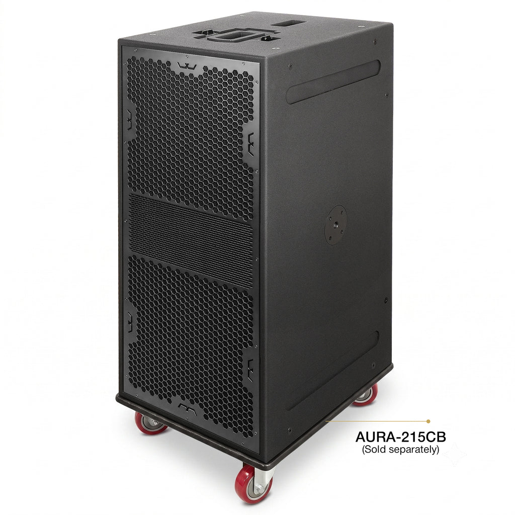 MODE Audio AURA-215SA | AURA Series Dual 15" 2400W Powered PA Subwoofer with Class-D Amplifier and DSP Presets, Birch Plywood, Black - Caster Board