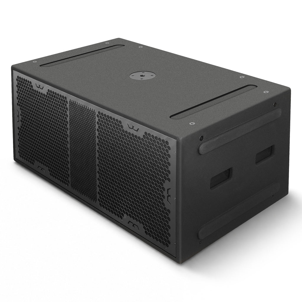 MODE Audio AURA-215SA | AURA Series Dual 15" 2400W Powered PA Subwoofer with Class-D Amplifier and DSP Presets, Birch Plywood, Black - Left View, Horizontal, Pole-Mount Socket