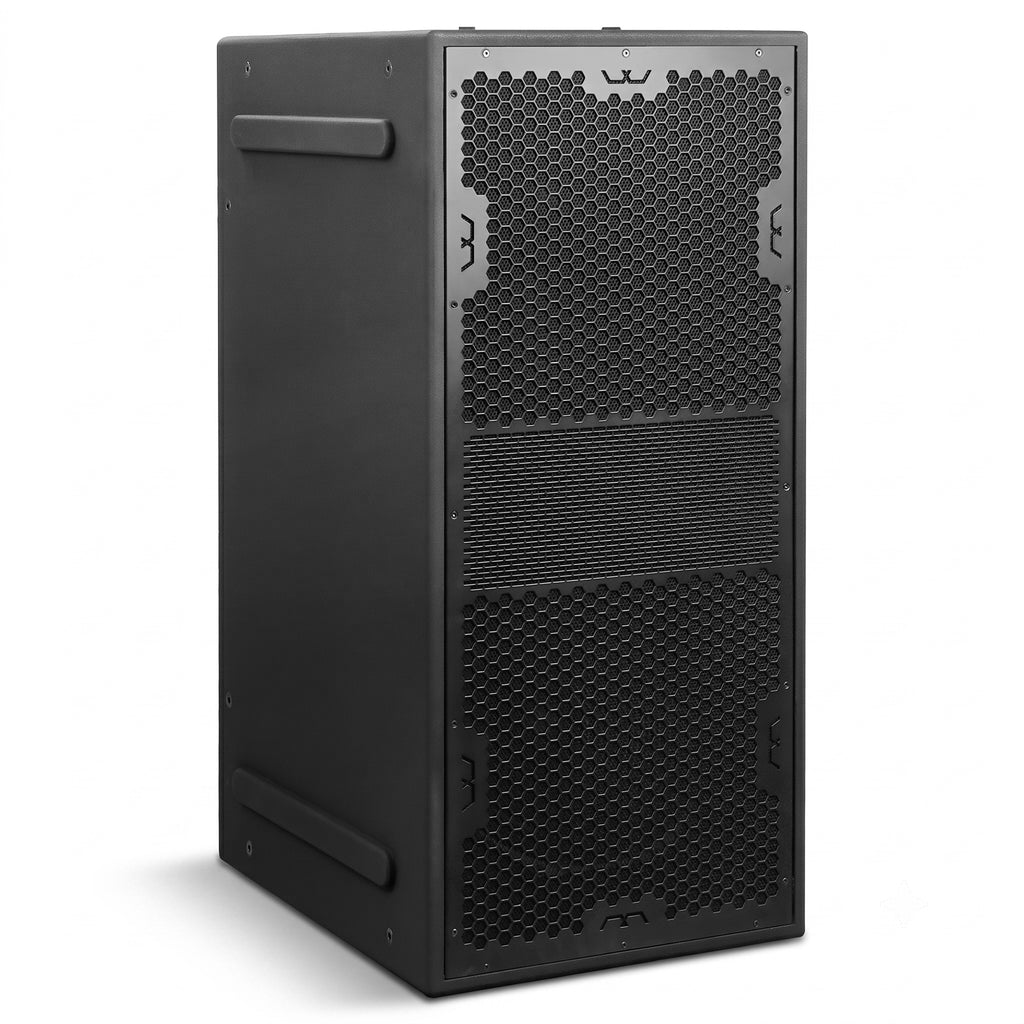 MODE Audio AURA-215SA | AURA Series Dual 15" 2400W Powered PA Subwoofer with Class-D Amplifier and DSP Presets, Birch Plywood, Black - Right View, Vertical